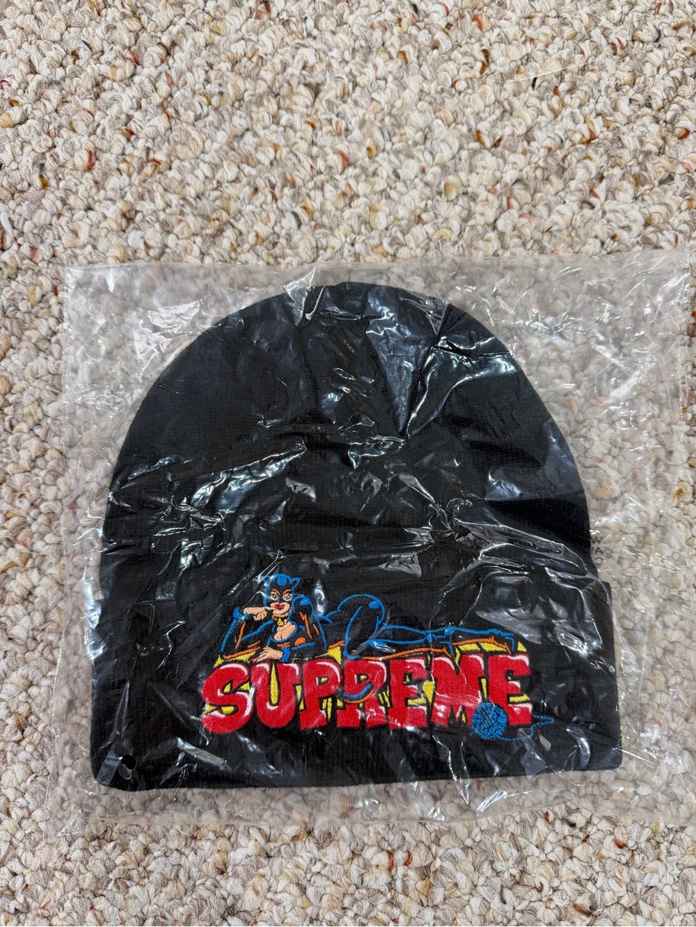 Supreme Black Beanie with Red & Blue Embroidered Logo